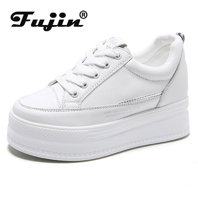 7cm Microfiber Leather Women Casual Shoes White Platform Wedge Hidden Heel Shoes White Shoes Chunky Sneakers Skateboard