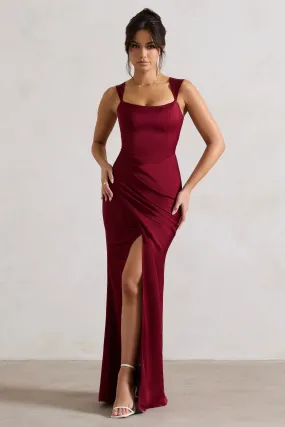 A Romantic | Berry Satin Corset Wrap Maxi Dress