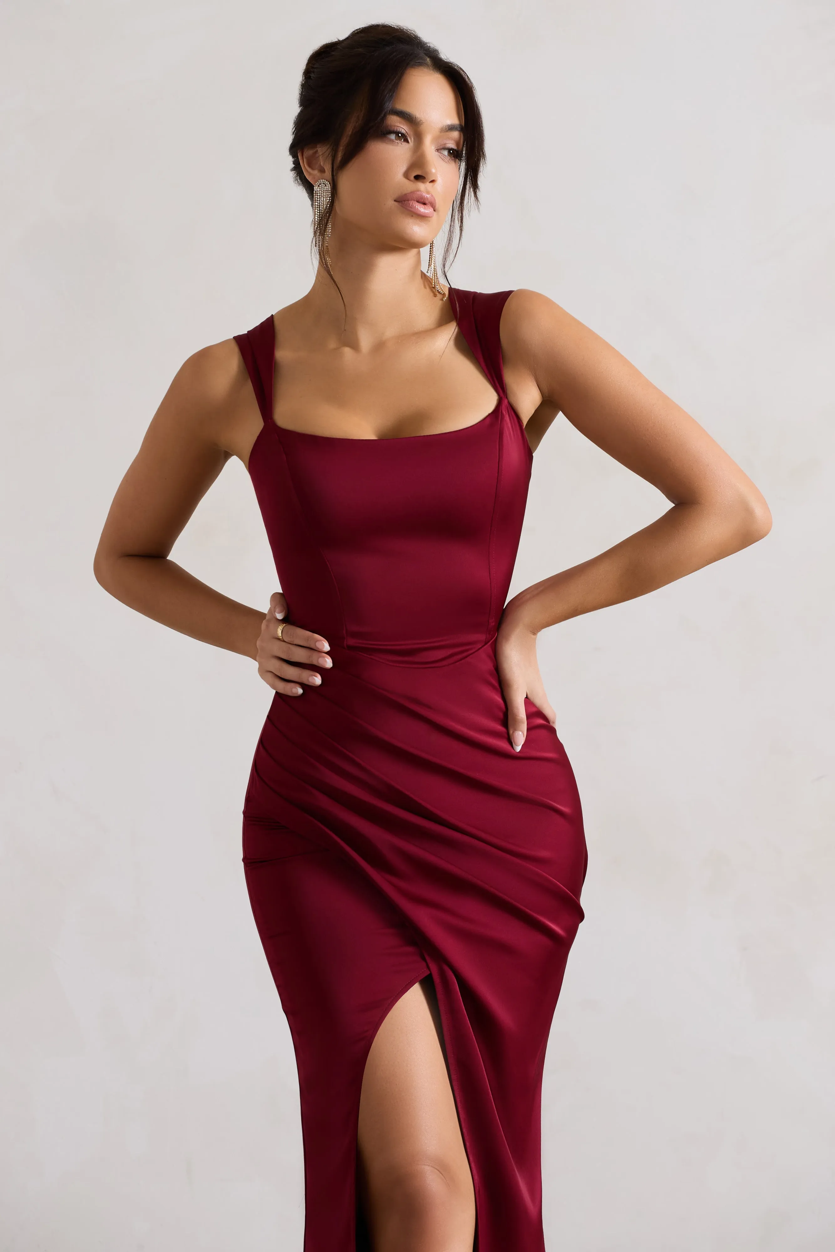 A Romantic | Berry Satin Corset Wrap Maxi Dress