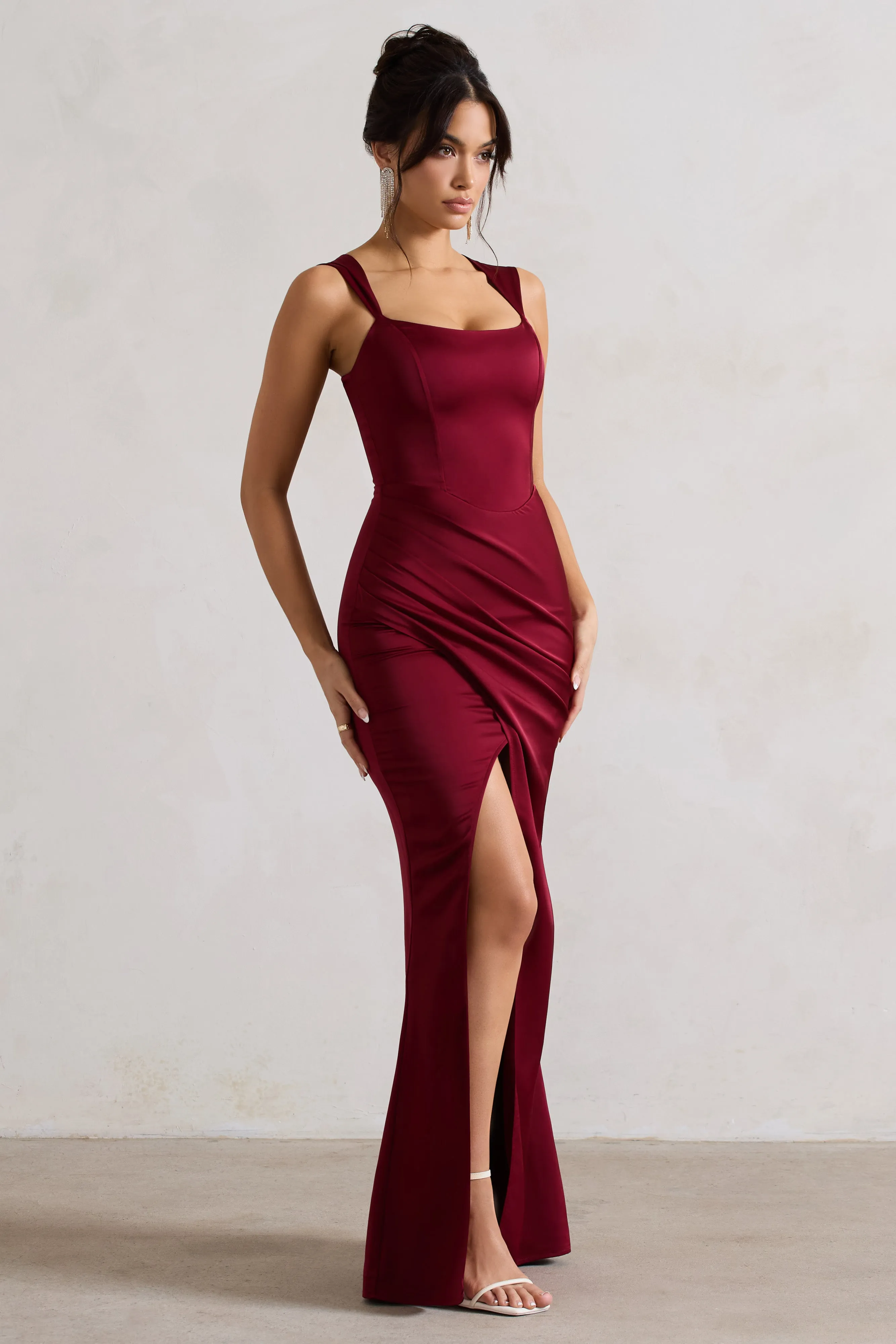 A Romantic | Berry Satin Corset Wrap Maxi Dress