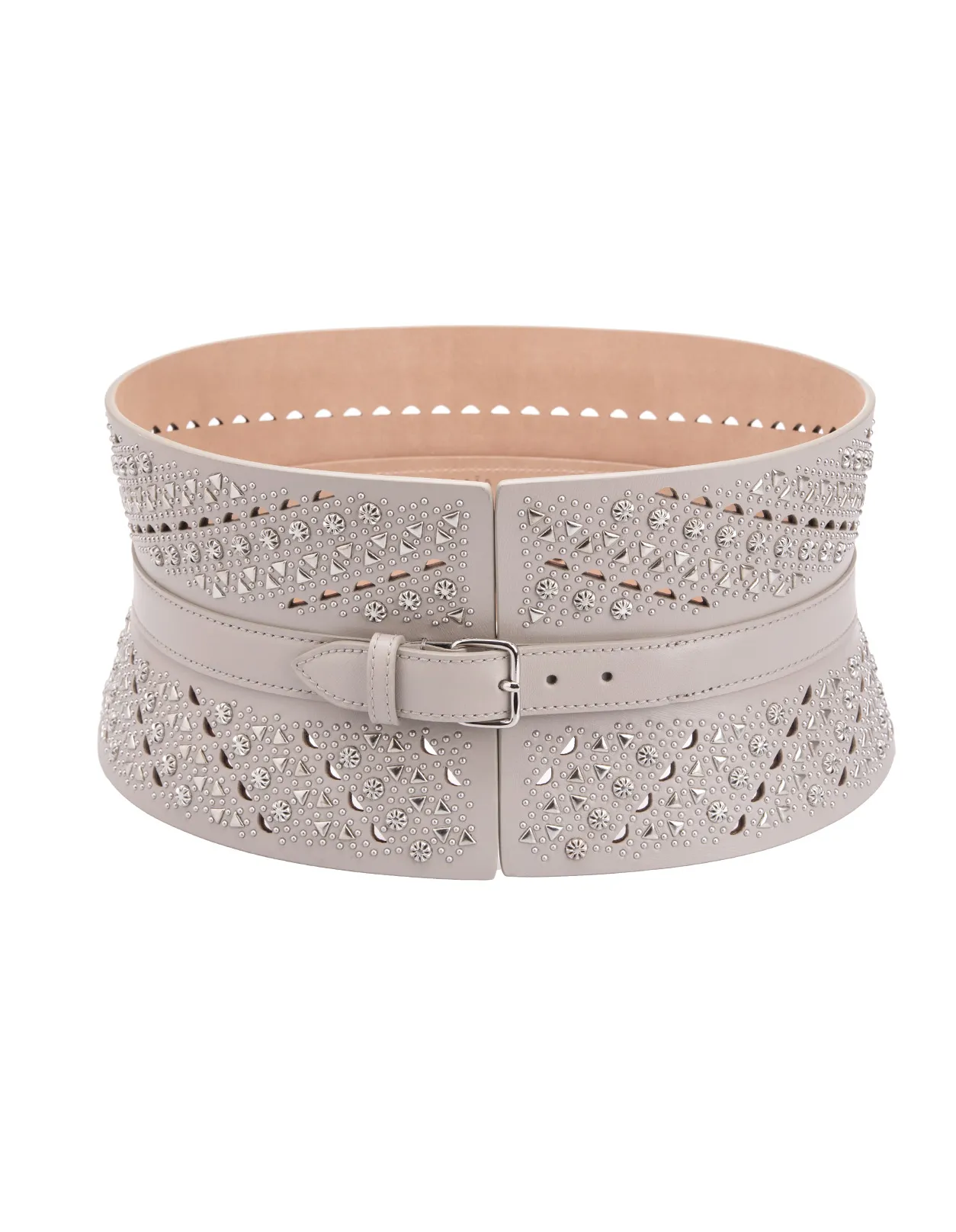 ALAIA Corset Belt In Pearl Grey Leather With Micro Studs Pattern