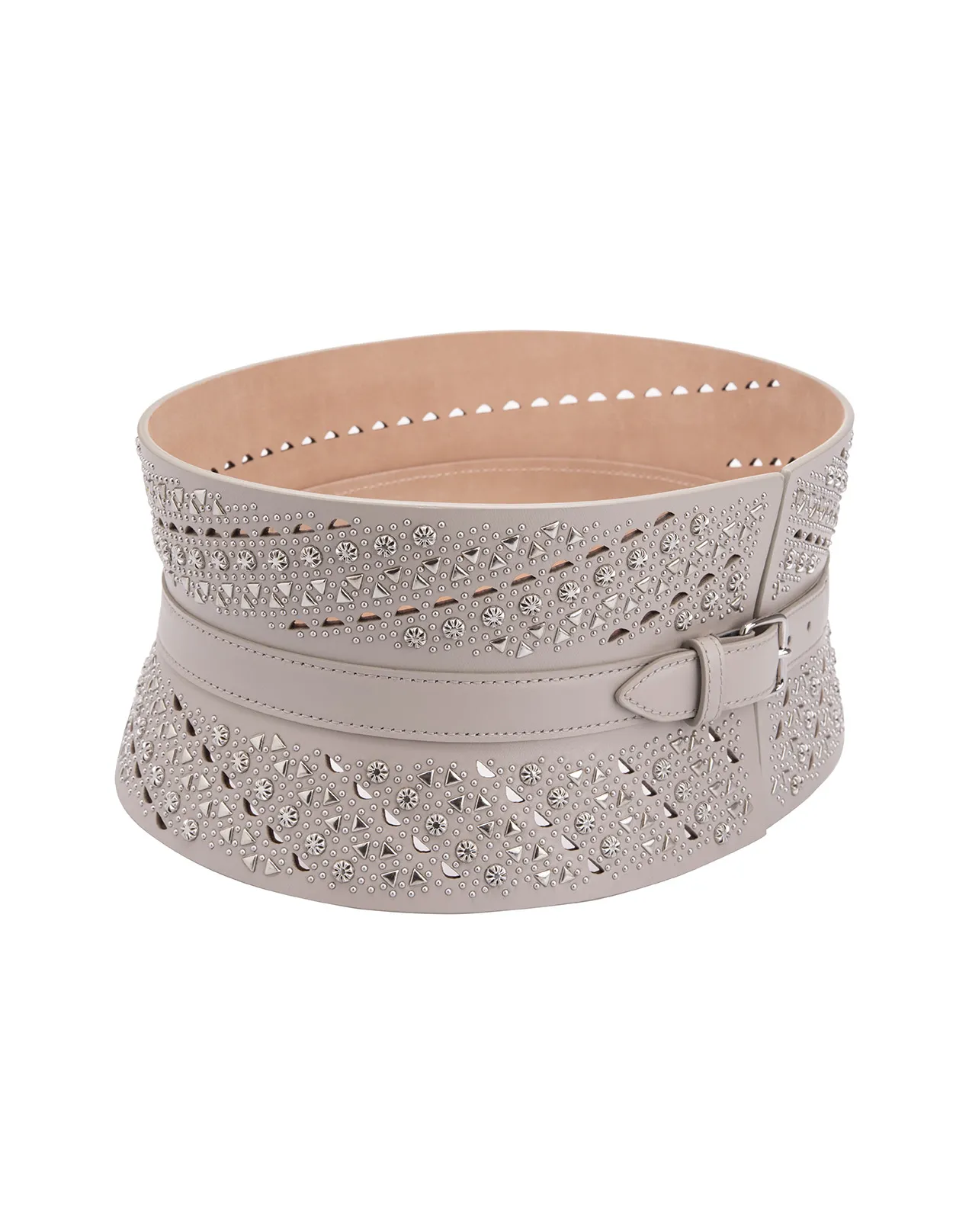 ALAIA Corset Belt In Pearl Grey Leather With Micro Studs Pattern