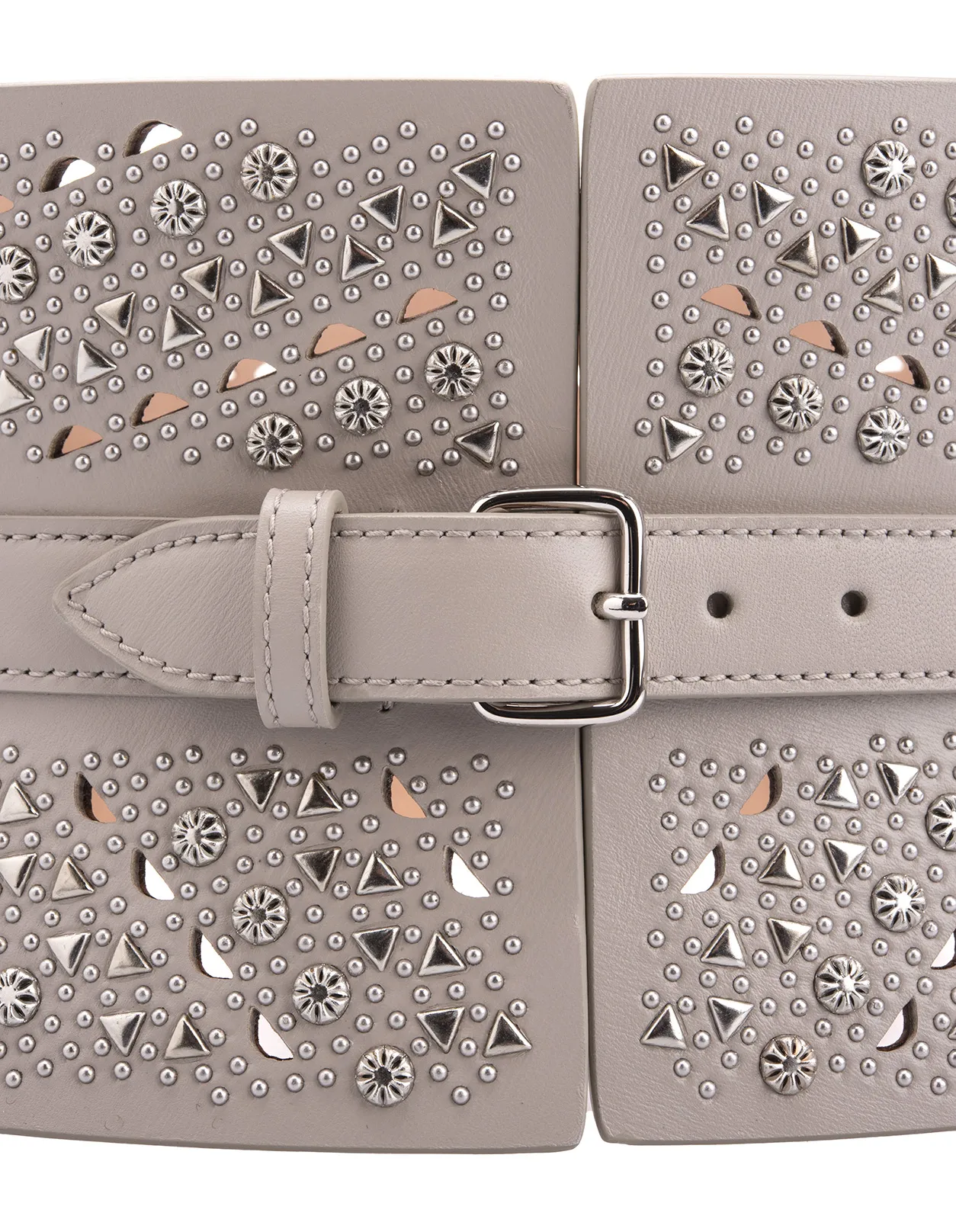 ALAIA Corset Belt In Pearl Grey Leather With Micro Studs Pattern