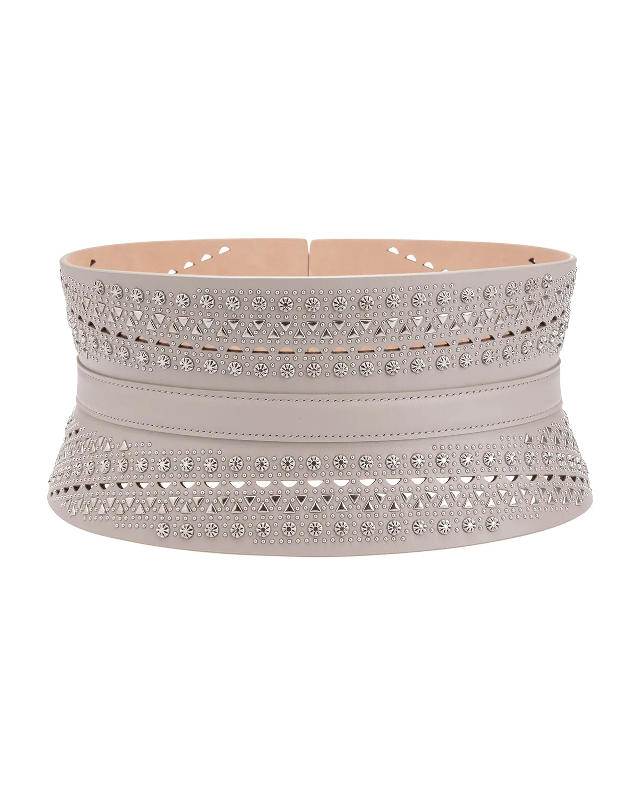 ALAIA Corset Belt In Pearl Grey Leather With Micro Studs Pattern