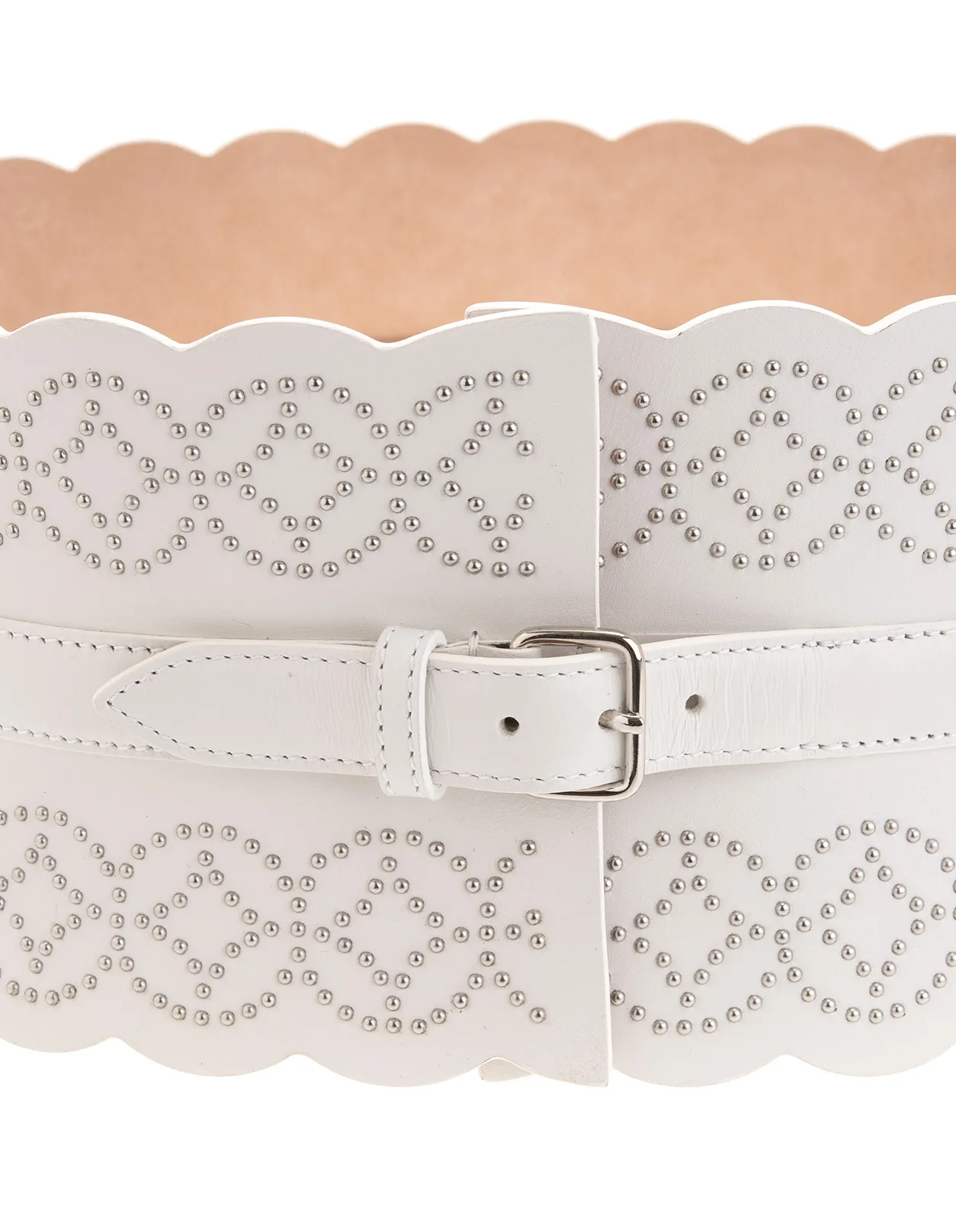 ALAIA White Leather Corset Belt With Geometric Pattern Of Micro Studs