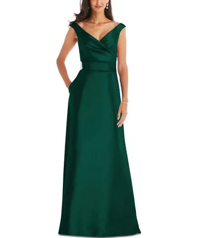 Alfred Sung Women's Off-the-Shoulder Draped Wrap Satin Maxi Dress