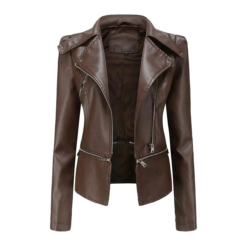 Ashore Shop Gothic Soft Leather Women Autumn Jacket Black Moto Jacket Zippers Long Sleeve Female PU Faux Bblack Leather Jacket P