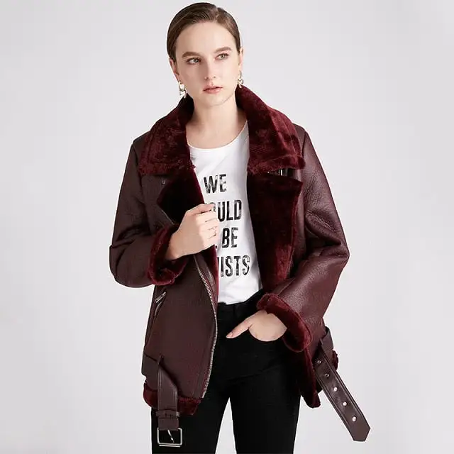 Ashore Shop Womens Sheepskin Motorcycle Winter Faux Leather Jacket