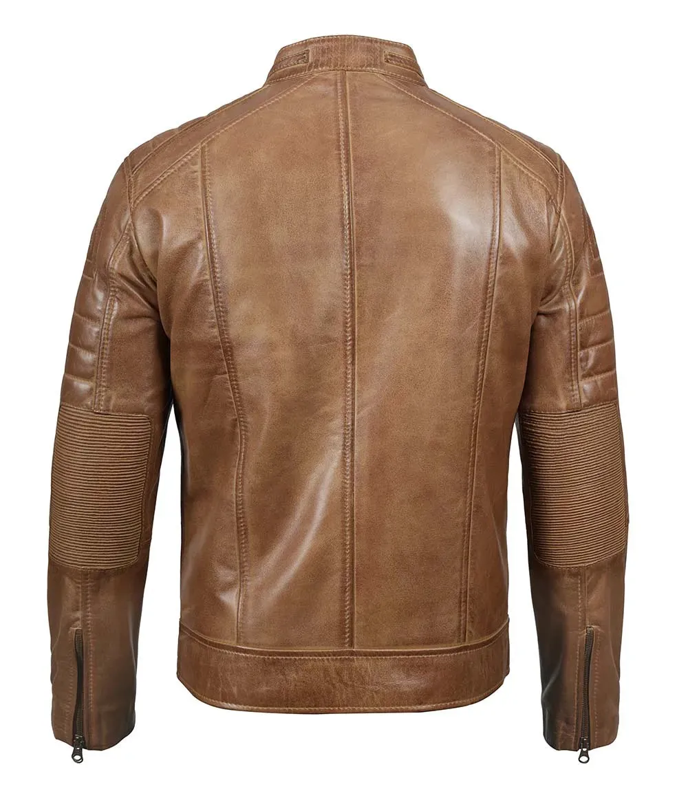 Austin Mens Distressed Tan Cafe Racer Real Leather Jacket