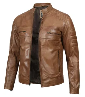 Austin Mens Distressed Tan Cafe Racer Real Leather Jacket