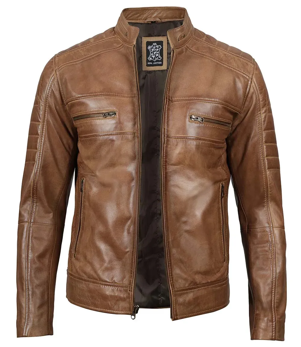 Austin Mens Distressed Tan Cafe Racer Real Leather Jacket