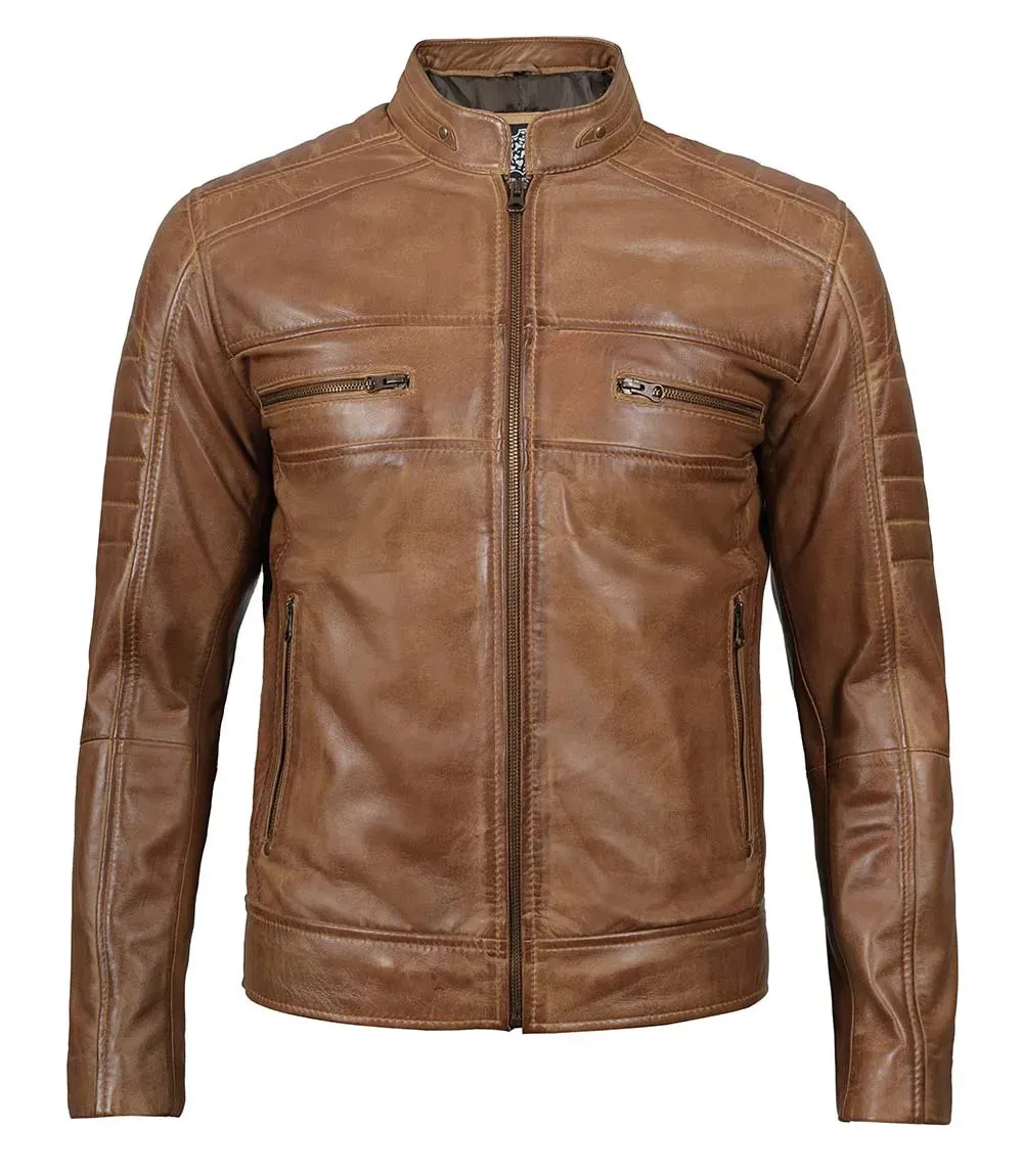 Austin Mens Distressed Tan Cafe Racer Real Leather Jacket