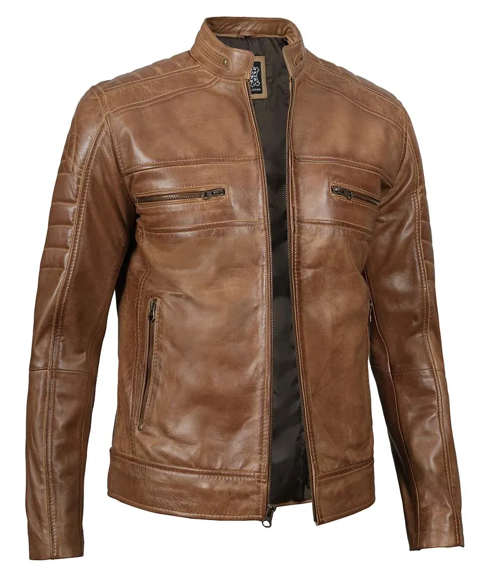 Austin Mens Distressed Tan Cafe Racer Real Leather Jacket