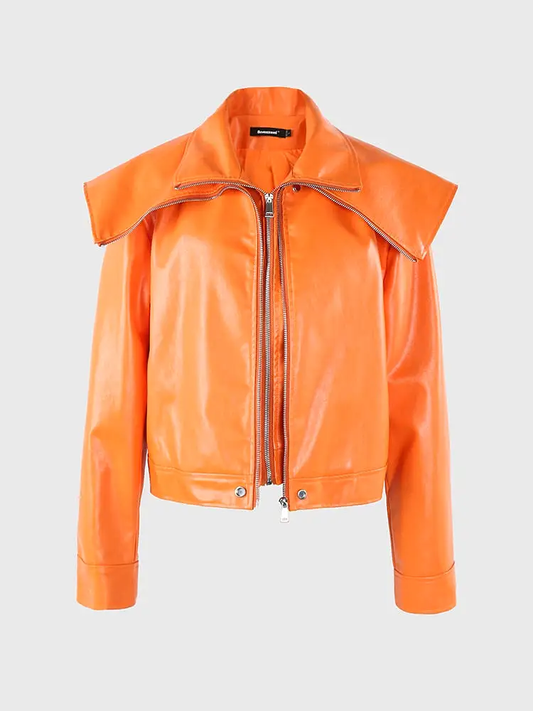 Autumn Vintage Loose Stylish Short Orange Black Pu Leather Jacket Women Zip Up Luxury Designer Unisex Clothing 2023