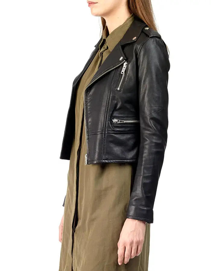 BIRDY - Cropped Leather Biker Jacket