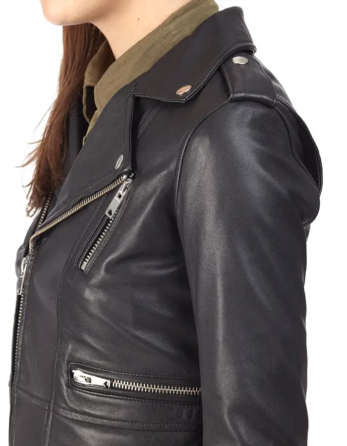 BIRDY - Cropped Leather Biker Jacket