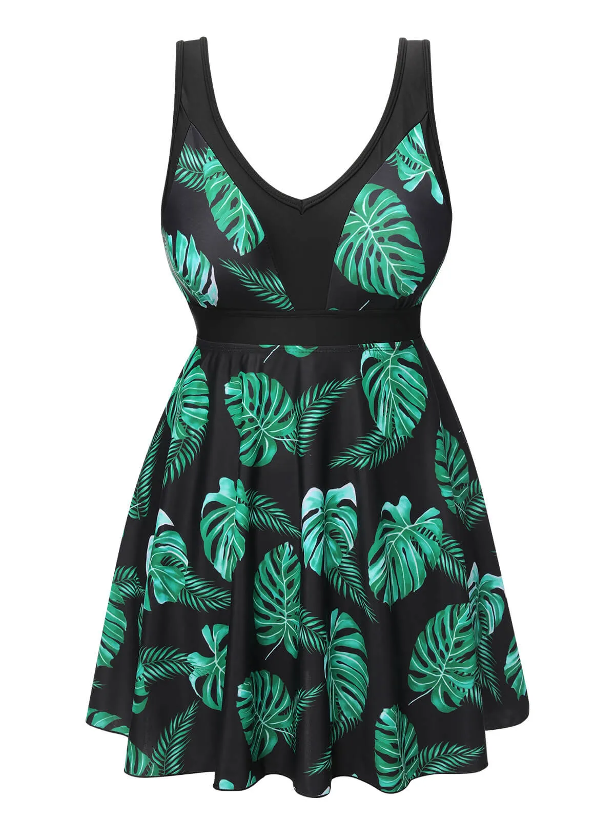 Black & Green 1950s Tropical Skirted Swimsuit