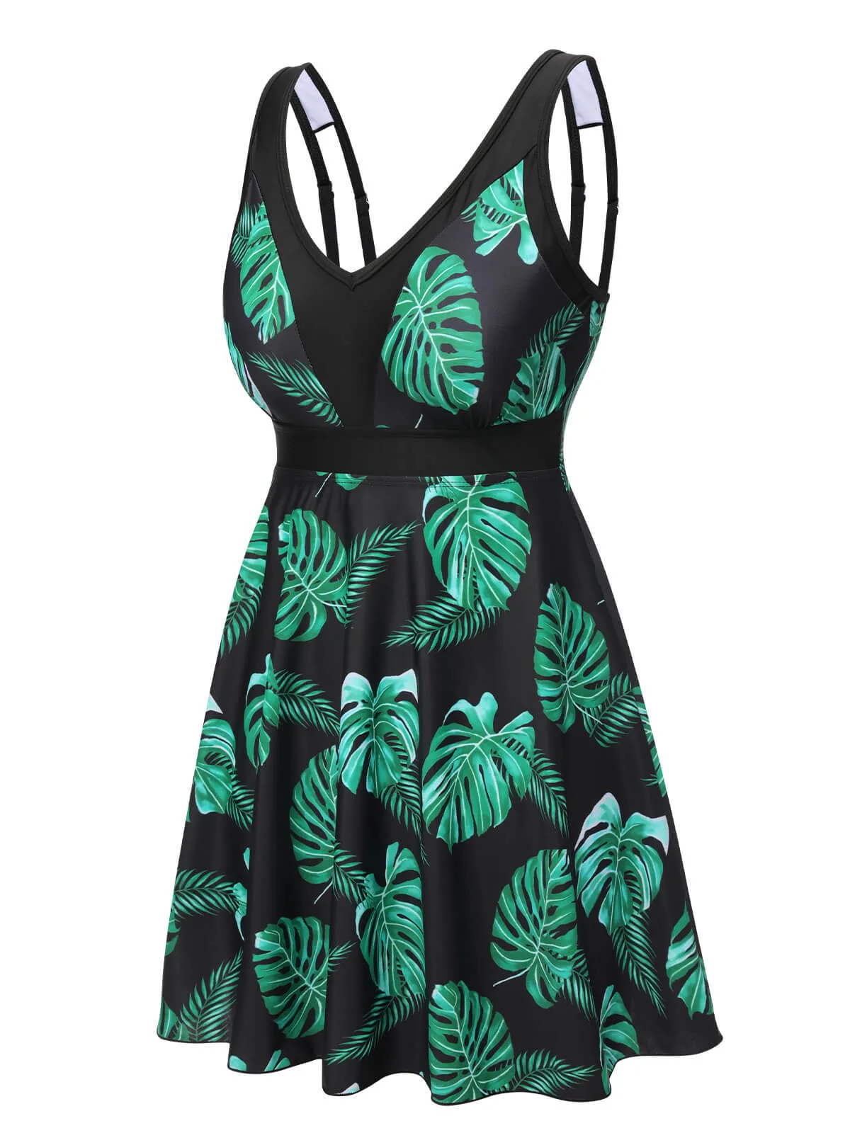 Black & Green 1950s Tropical Skirted Swimsuit