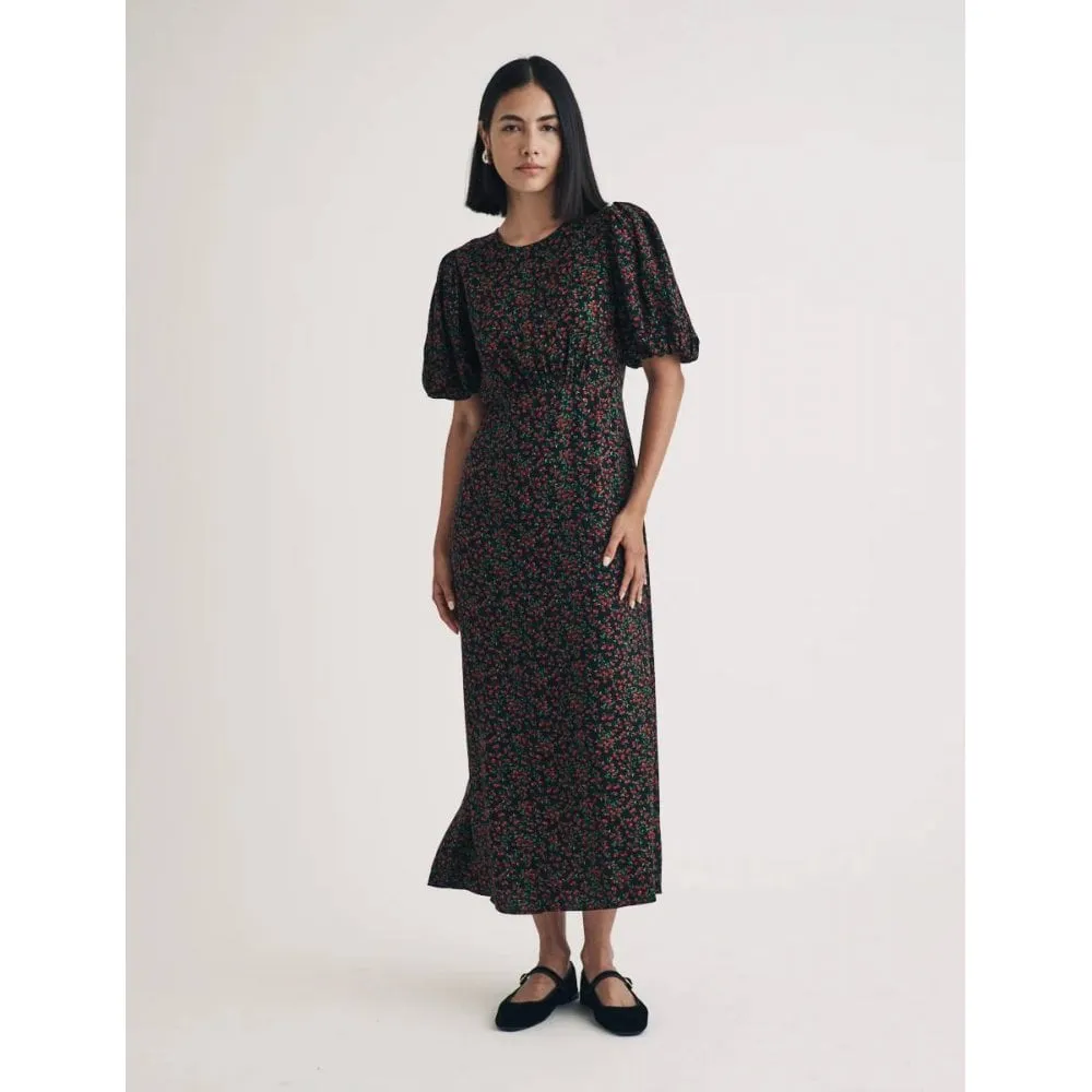 Black Fruit Print Tallulah Midi Dress