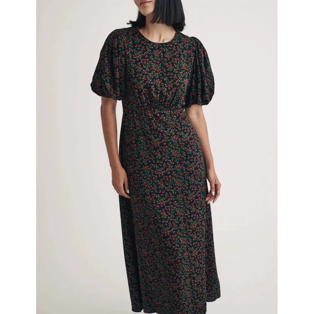 Black Fruit Print Tallulah Midi Dress