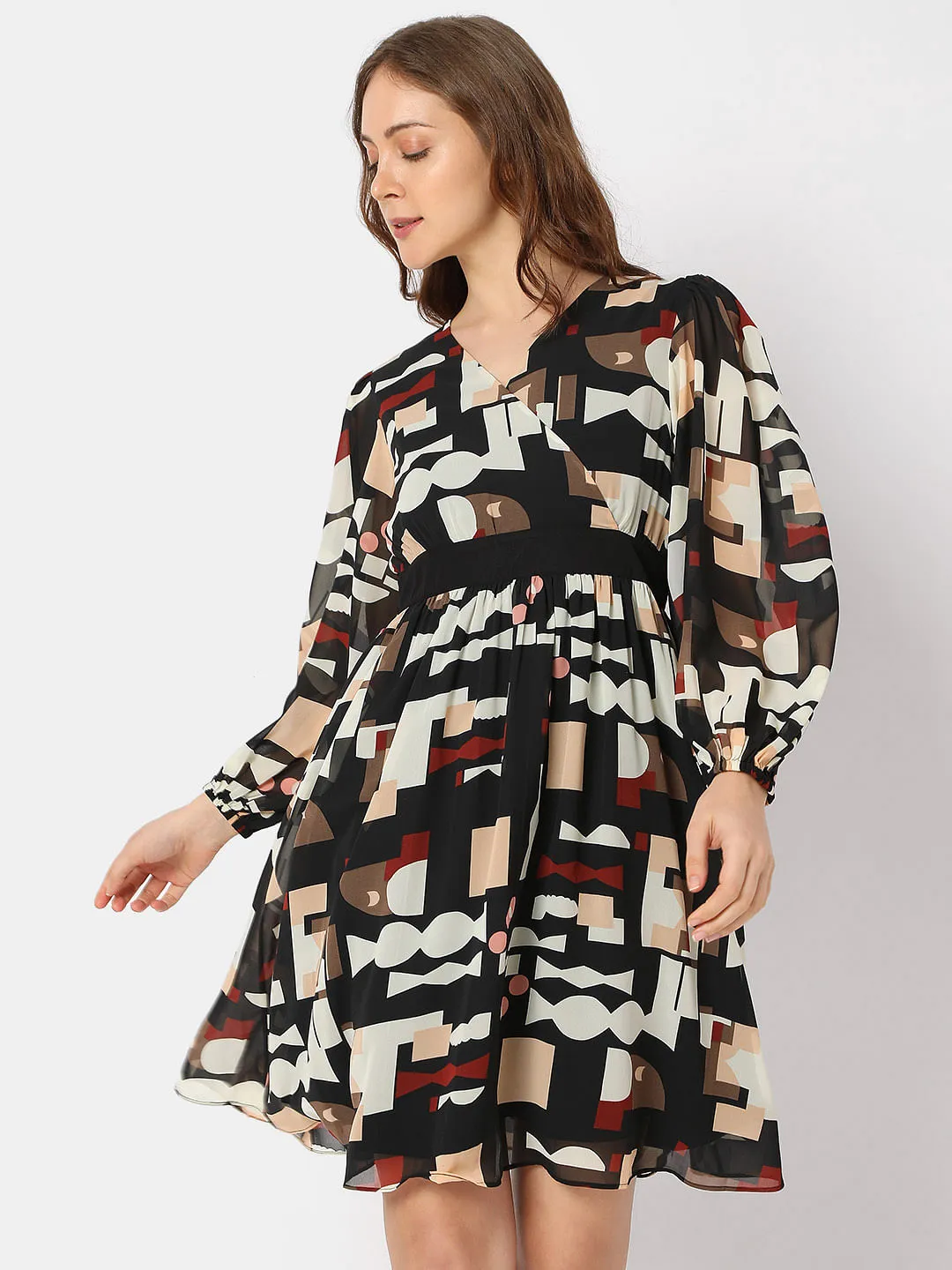 Black Geometric Print Mini Dress