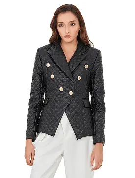 Black Plaid Pattern Pu Leather Jacket Blazer