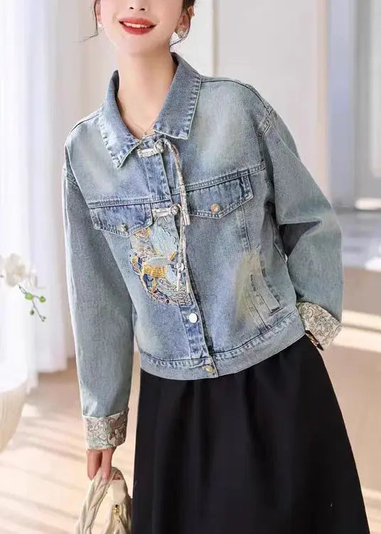 Blue Button Patchwork Denim Coats Peter Pan Collar Spring CG1012