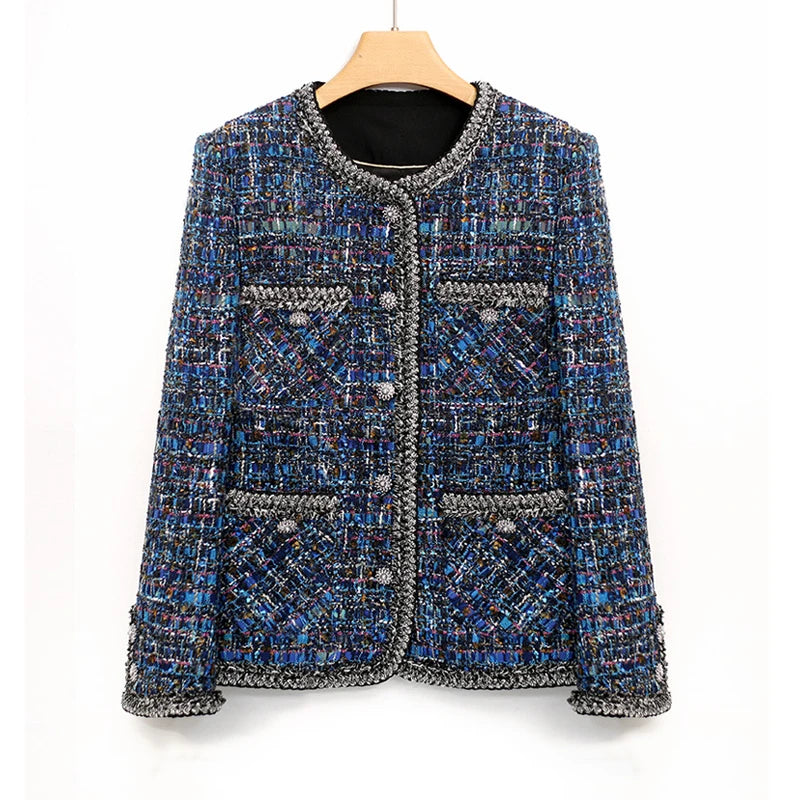 Blue Tweed Jacket for Women - High-End Socialite Classic