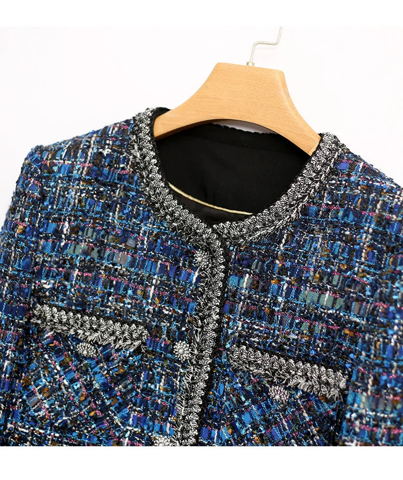 Blue Tweed Jacket for Women - High-End Socialite Classic