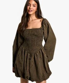 boohoo Womens Flannel Shirred Long Sleeve Puff Sleeve Mini Dress