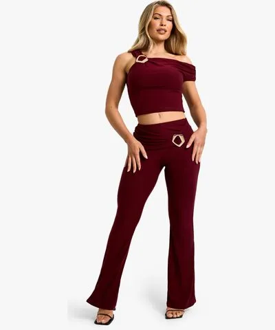 boohoo Womens Slinky Fold Over Metal Trim Skinny Flare Pants