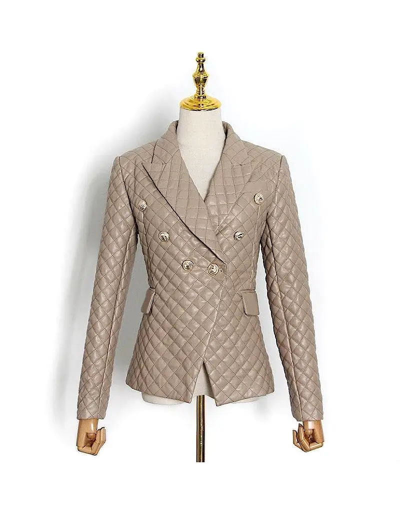 Brown Plaid Pattern Pu Leather Jacket Blazer