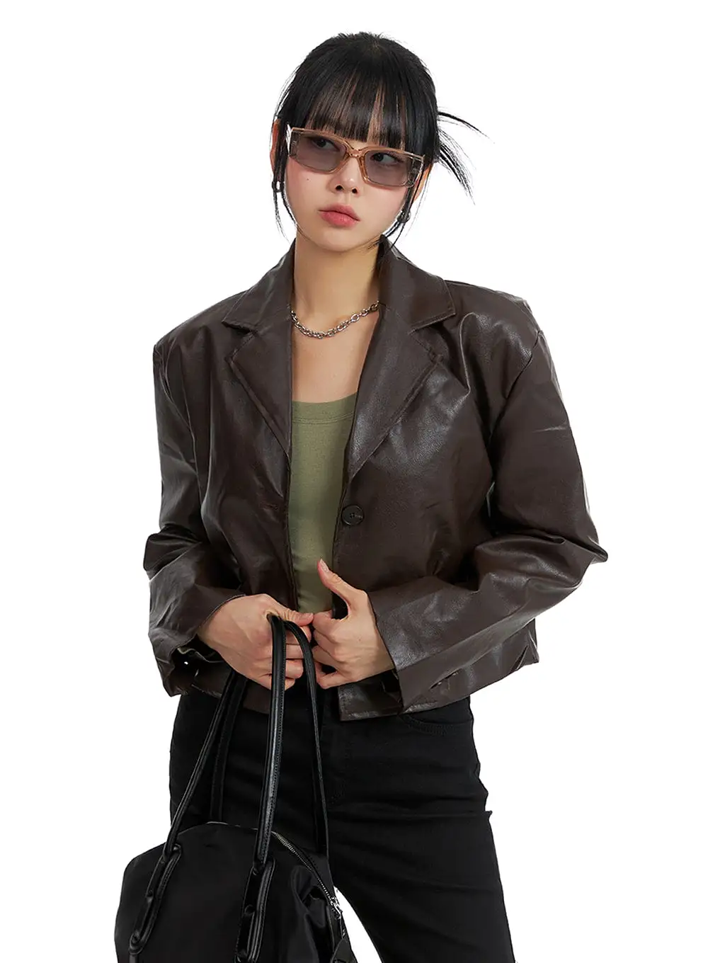 Buttoned Crop Faux Leather Jacket IF402