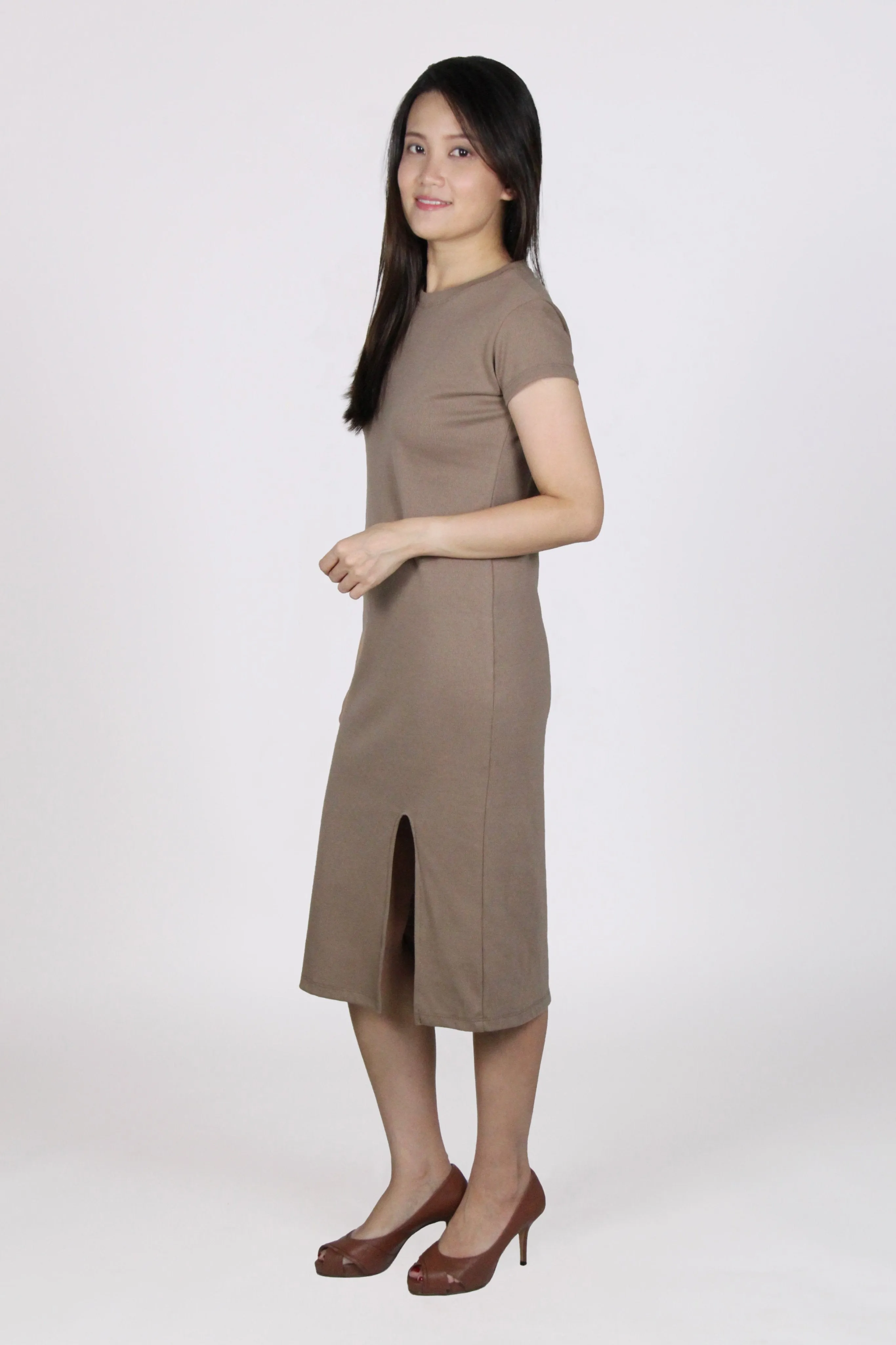 Cap Sleeve Front Slit Midi Tee Dress in Beige