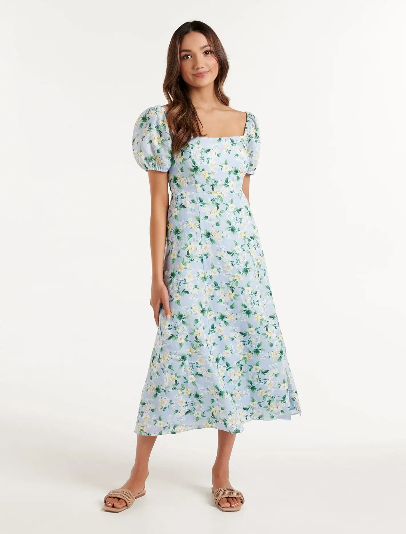 Carson Petite Linen Square Neck Midi Dress