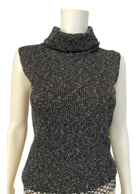 Chanel 05A 2005 Fall Gray Metallic Knit Sleeveless Turtleneck Sweater Top FR 38