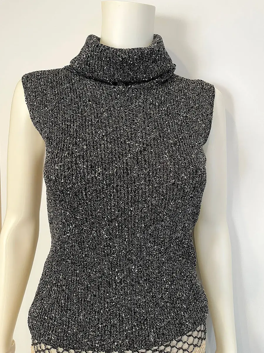 Chanel 05A 2005 Fall Gray Metallic Knit Sleeveless Turtleneck Sweater Top FR 38