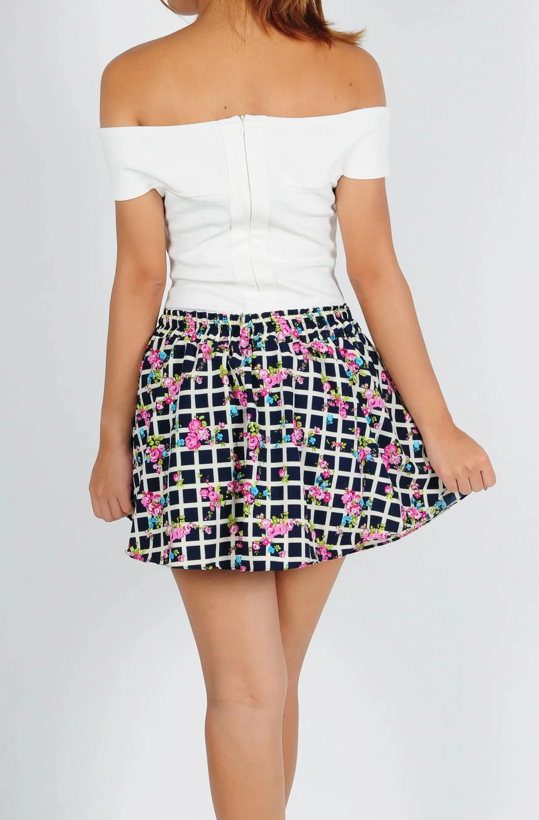 Checkered Floral Skorts In Navy Blue