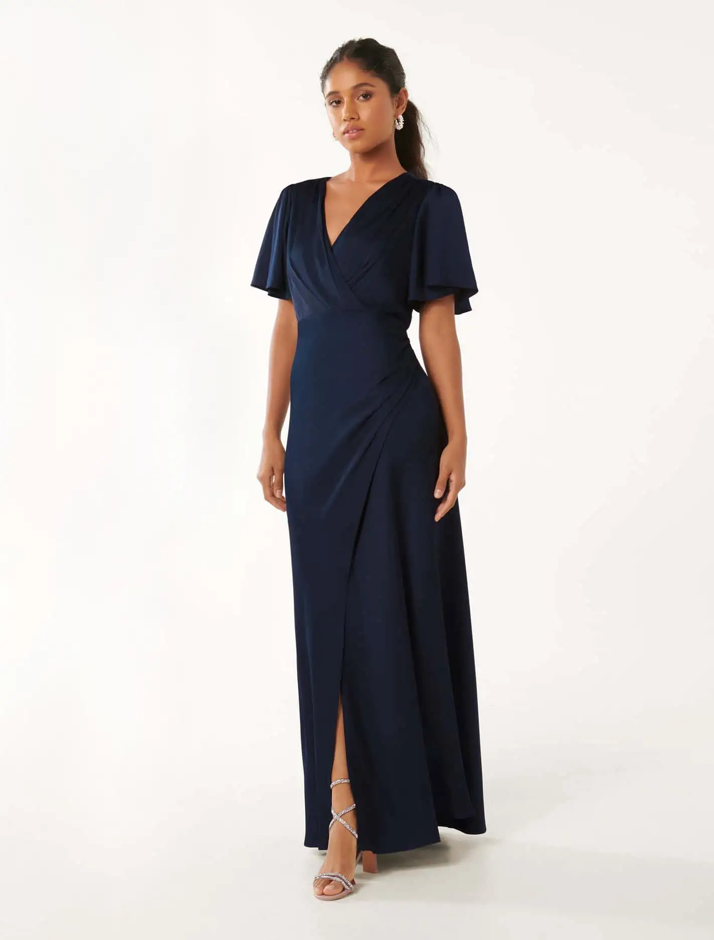 Chelsea Petite Flutter Sleeve Satin Maxi Dress