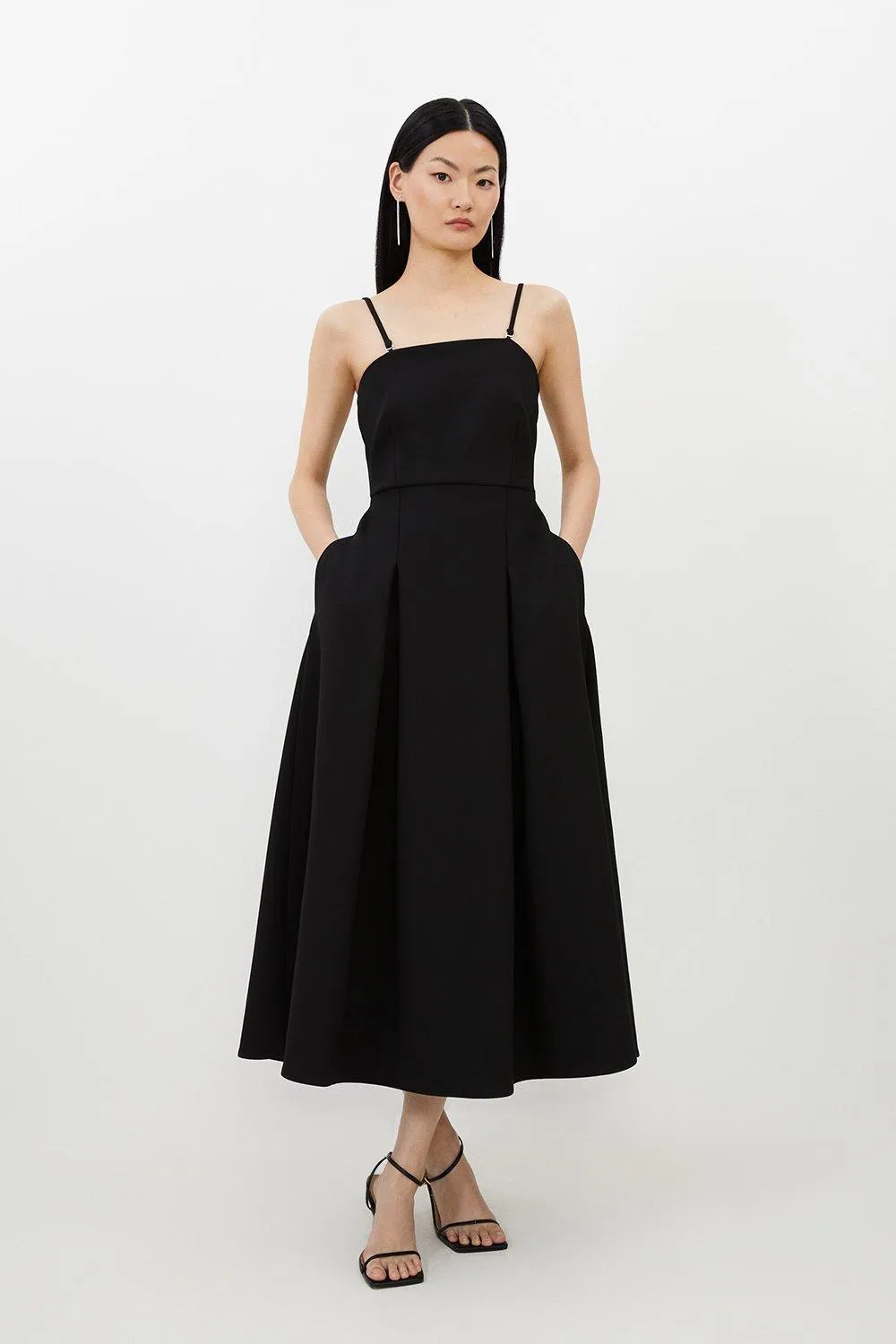 Compact Stretch Tailored Bandeau Full Skirted Midi Dress | Karen Millen