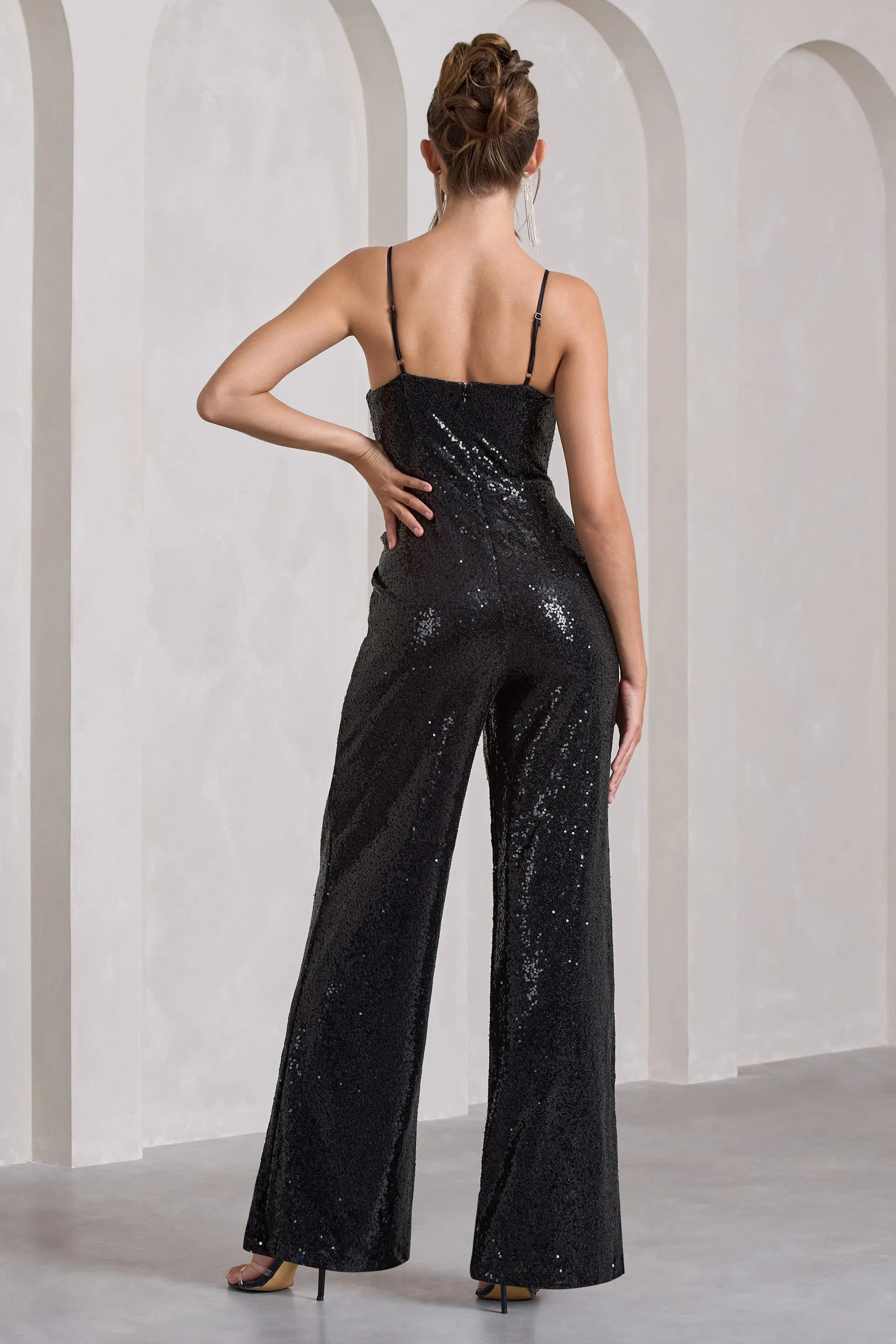 Dandelion | Black Strappy Corset Sequin Jumpsuit