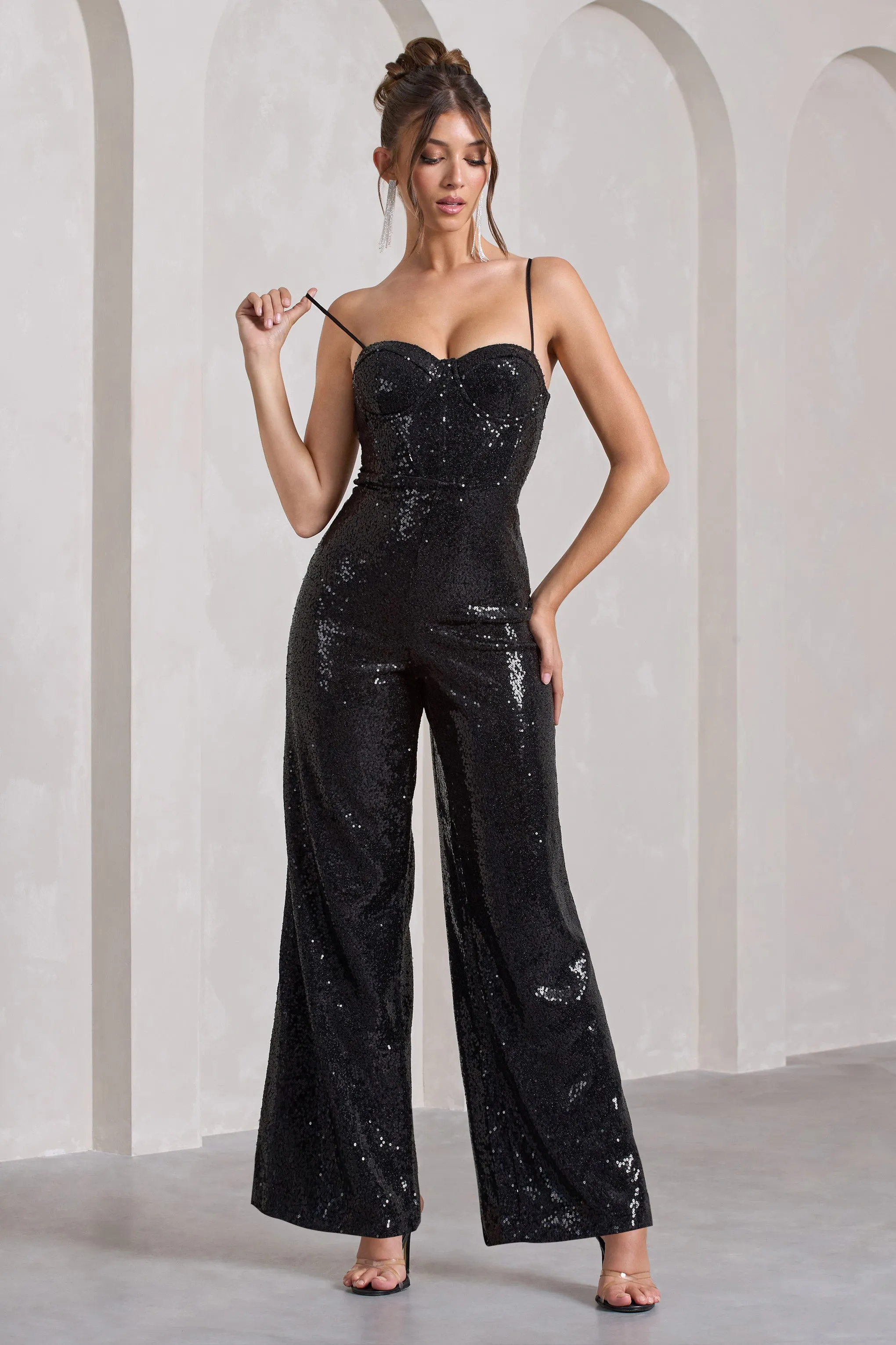 Dandelion | Black Strappy Corset Sequin Jumpsuit