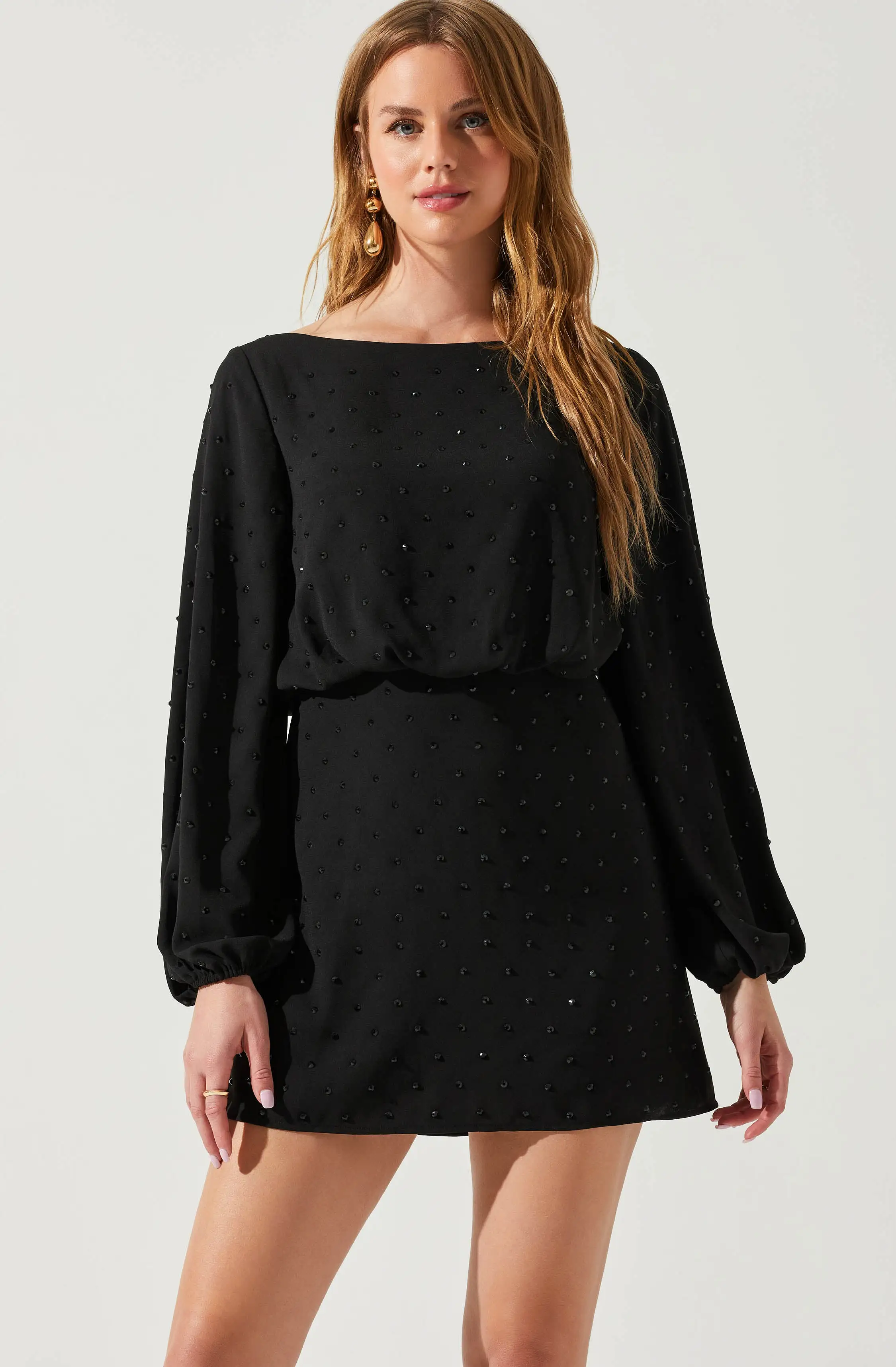 Edita Rhinestone Embellished Long Sleeve Mini Dress