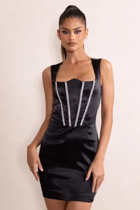 Elyse | Black Satin Reverse Sweetheart Neckline Corset Mini Dress With Diamante Detail