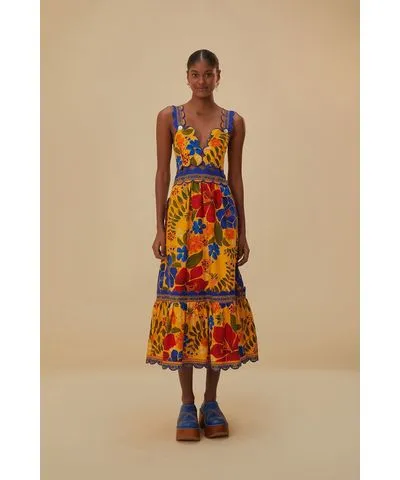 FarmRio Yellow Floral Yard Lenzing Ecovero Euroflax Midi Dress