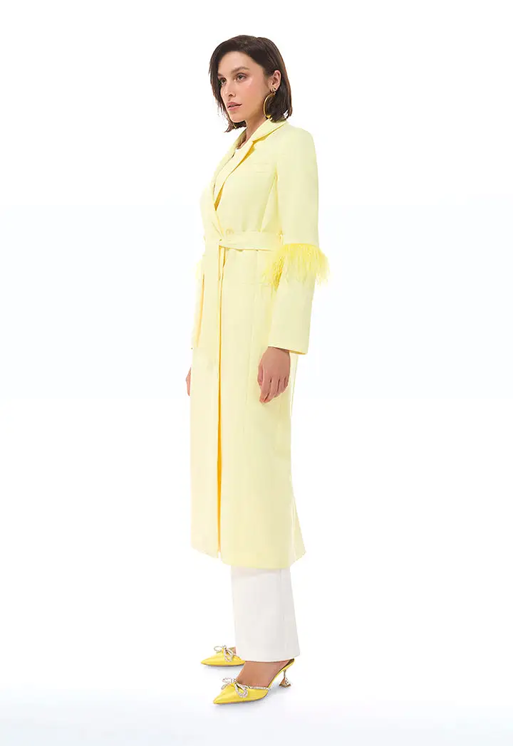 Feather Sleeve Long Solid Coat