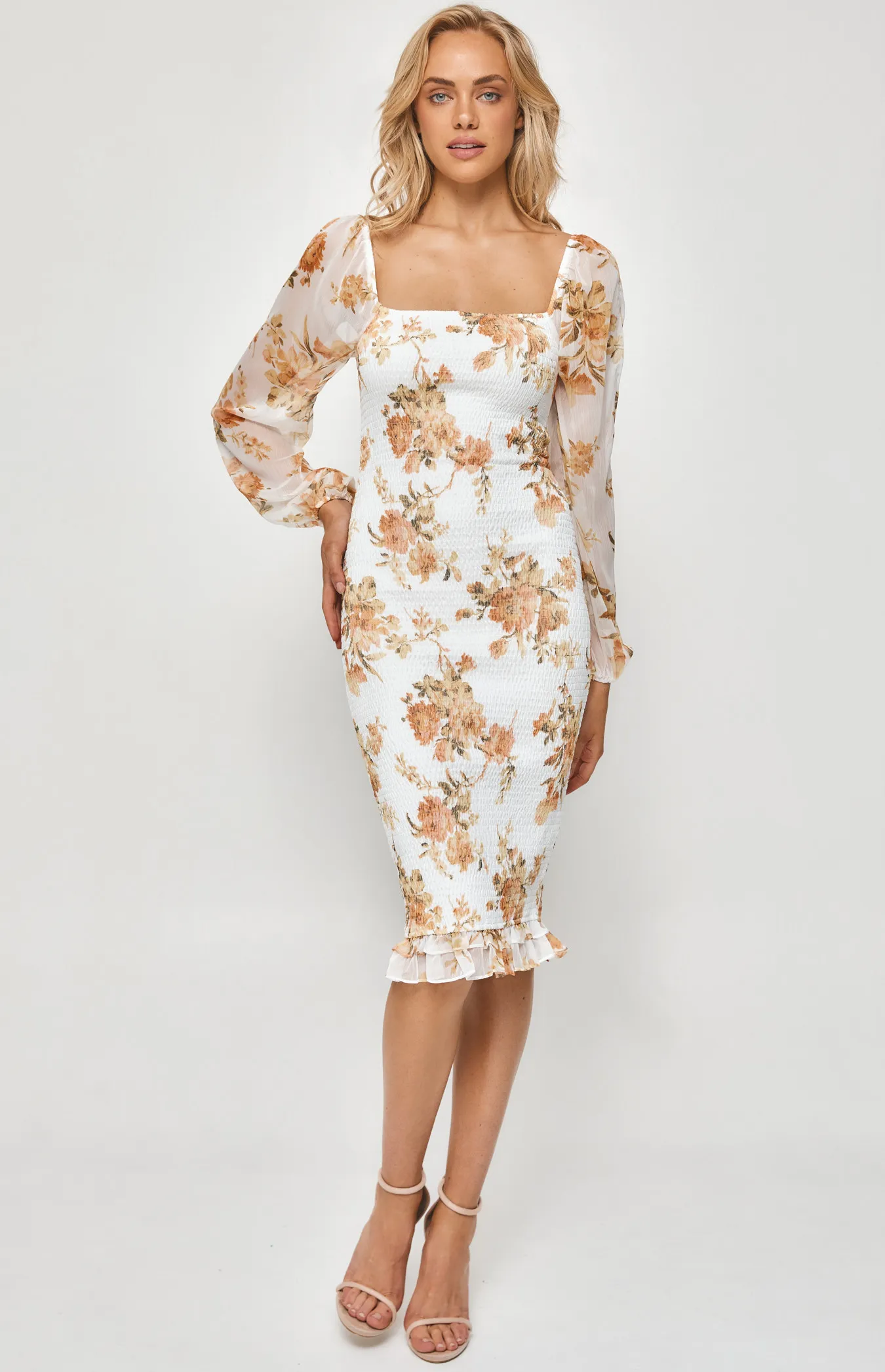 Floral Long Sleeve Shirred Midi Dress (SDR1186B)