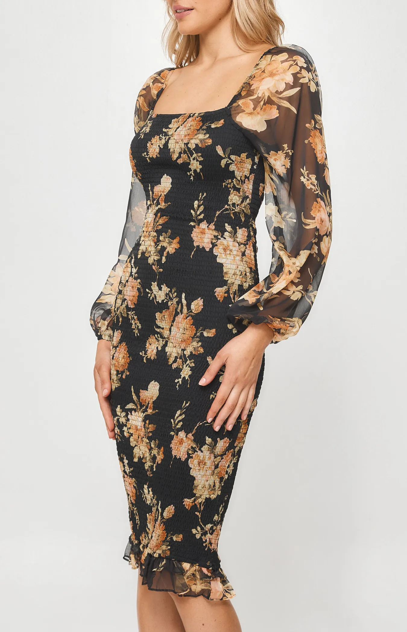 Floral Long Sleeve Shirred Midi Dress (SDR1186B)