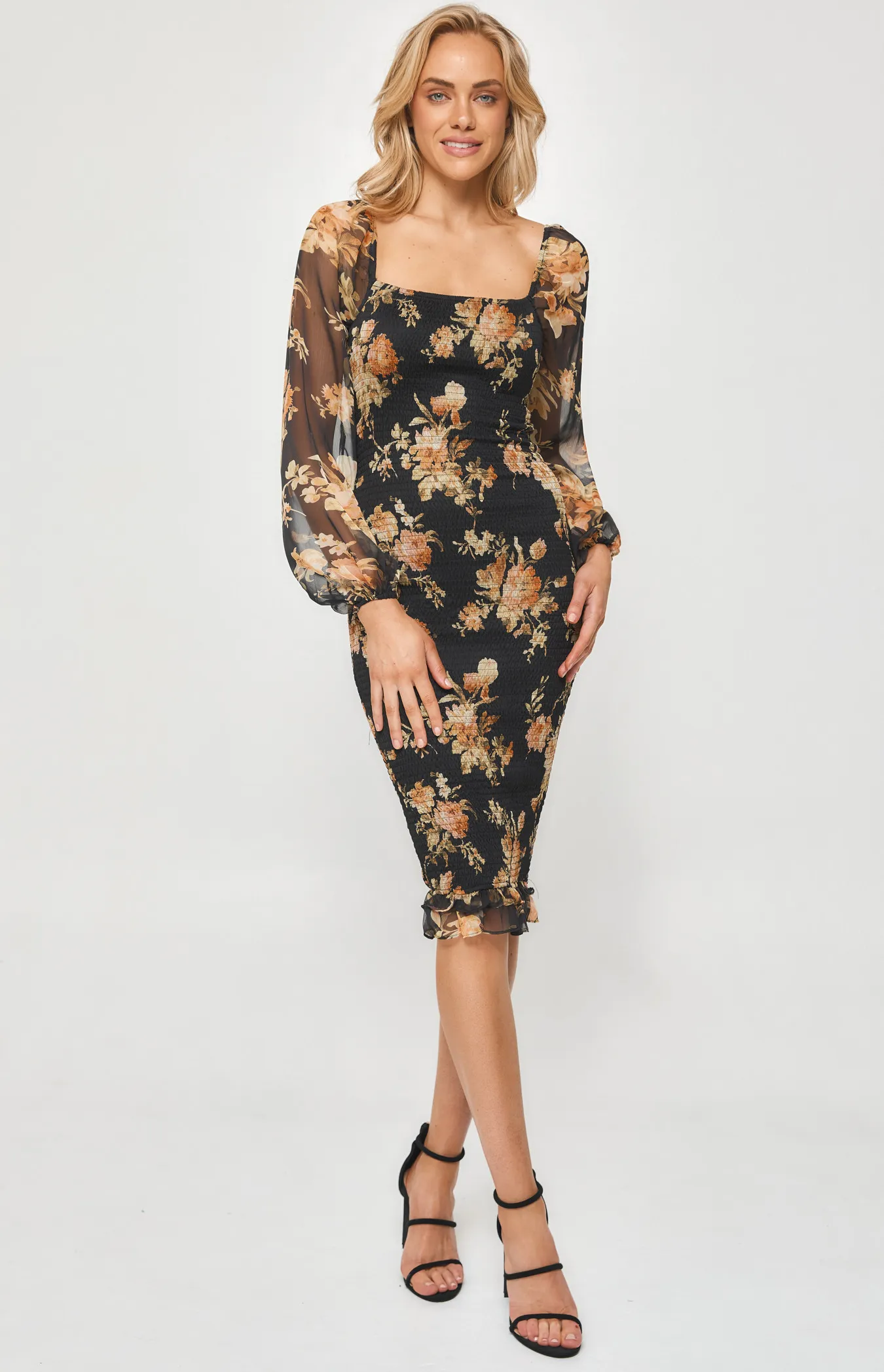 Floral Long Sleeve Shirred Midi Dress (SDR1186B)