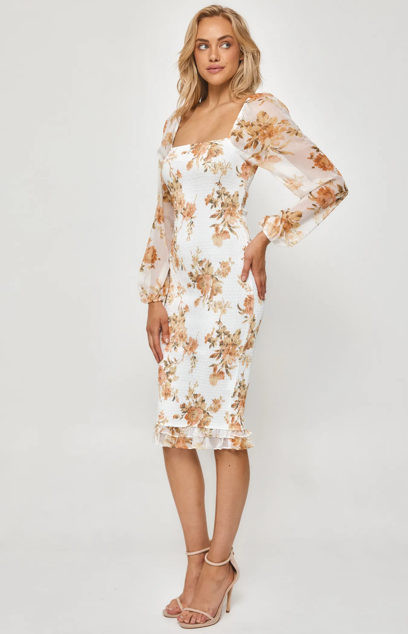 Floral Long Sleeve Shirred Midi Dress (SDR1186B)